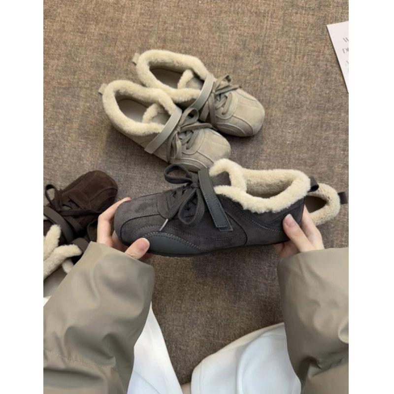 真皮厚底加绒保暖德训鞋女冬季灰色百搭户外徒步休闲运动毛毛棉鞋