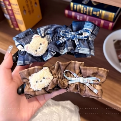 韩系可爱小熊格纹发夹香蕉夹女后脑勺马尾竖夹盘发甜美发卡子发饰