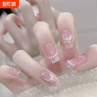 美甲穿戴甲 显白指甲贴美甲贴高级珍珠美甲片 ins风高级纯欲风短款