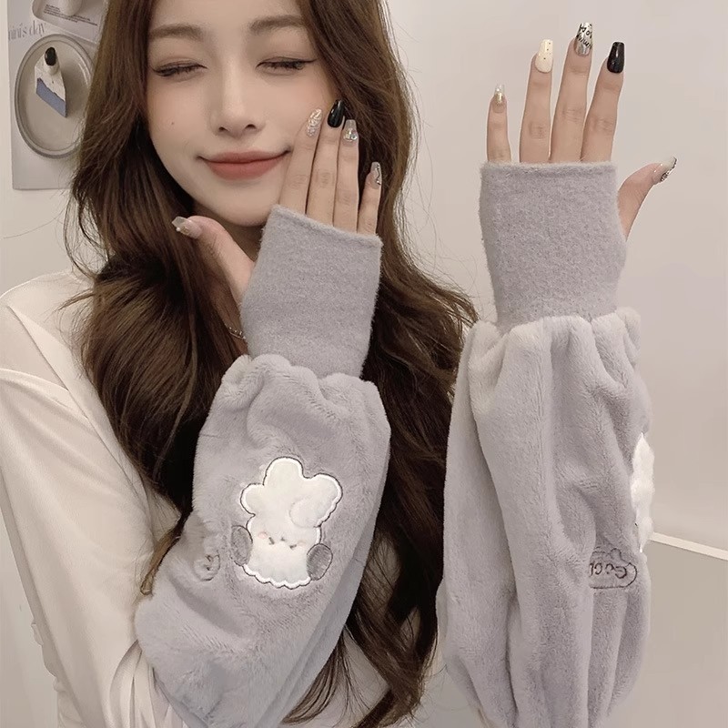 袖套女秋冬加绒肘套袖可爱长裤防脏保暖护袖手套毛绒加长羽绒粉色