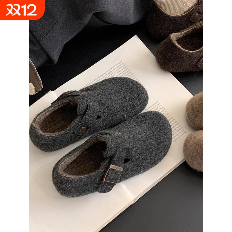 厚底内增高毛呢勃肯鞋女2025秋冬新款加绒保暖毛毛鞋全包豆豆鞋子