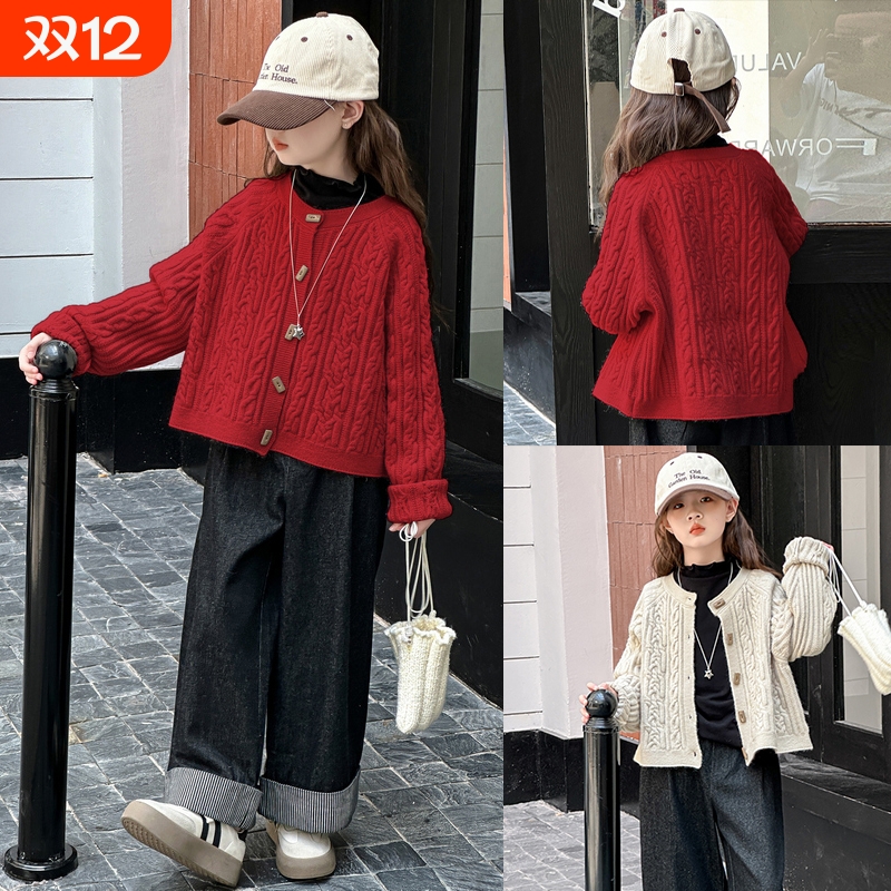 女童开衫针织衫外套2025秋冬新款中大童宽松洋气休闲加厚毛衣上衣