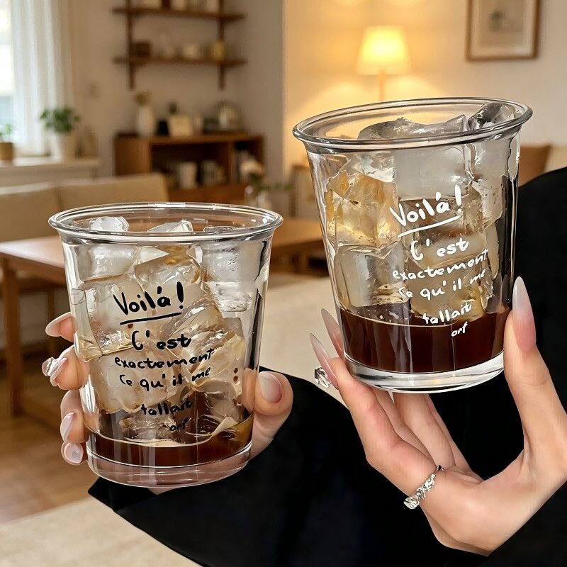 咖啡杯字母印花玻璃杯法式ins-V果汁家用美式水杯牛奶早餐杯子