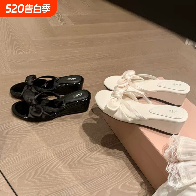蝴蝶结拖~6cm坡跟法式绸缎高跟人字新款大码拖鞋女凉拖通勤配裙子