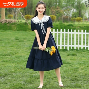 娃娃领学院风少女连衣裙夏季初中学生高中女生夏装长款过膝长裙子