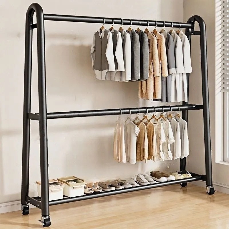 卧室双层落地衣帽架家用床边可移动挂衣架简易放衣服的神器晾衣架