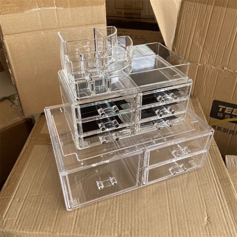 化妆品收纳盒桌面高级镜柜透明抽屉式口红护肤品分隔梳妆台置物架