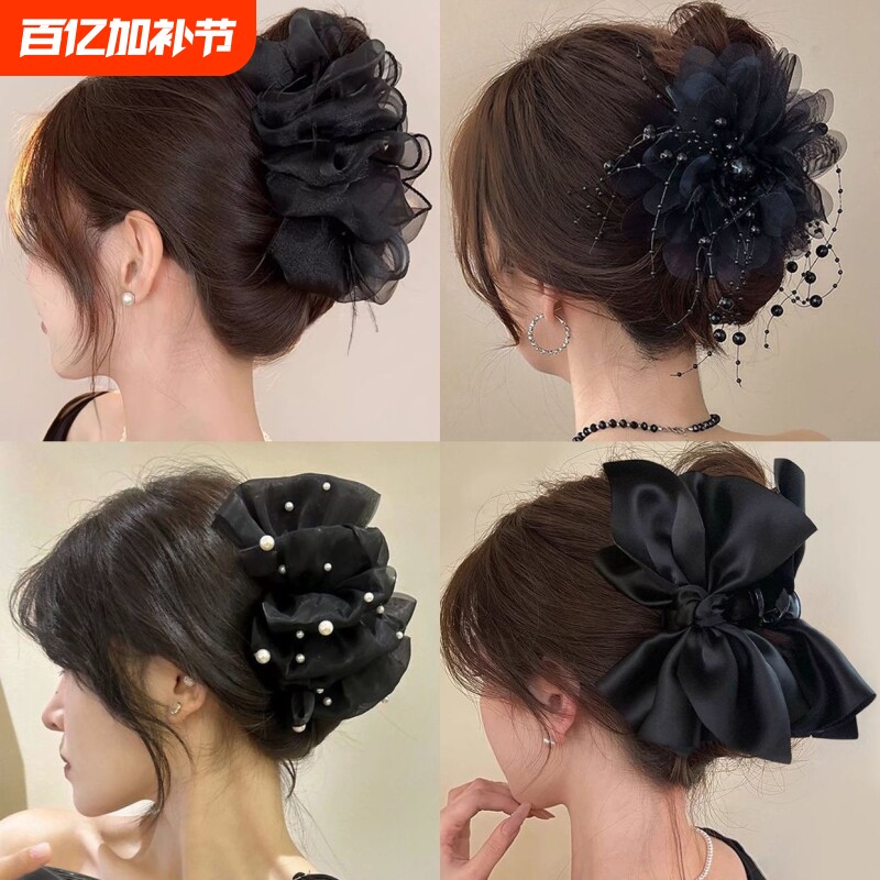 高级感黑色泡泡蝴蝶结发夹大号发抓2025新款后脑勺鲨鱼夹抓夹流苏