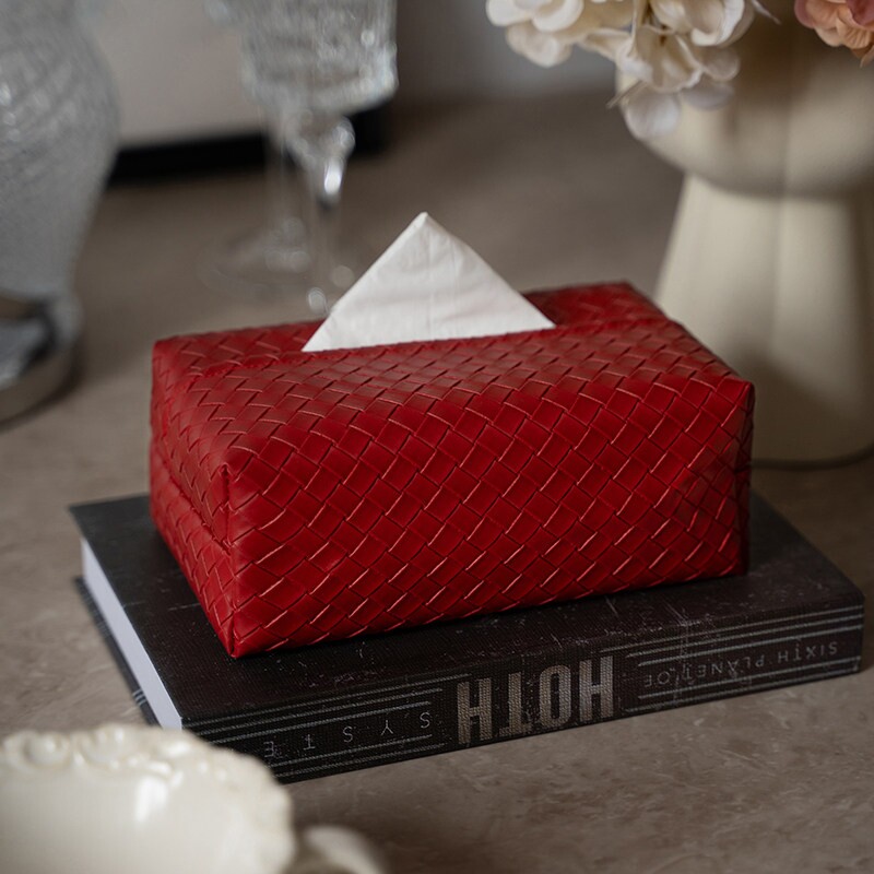 2026年新春红色轻奢高级感编织纹皮质纸巾盒结婚喜庆客厅抽纸盒子