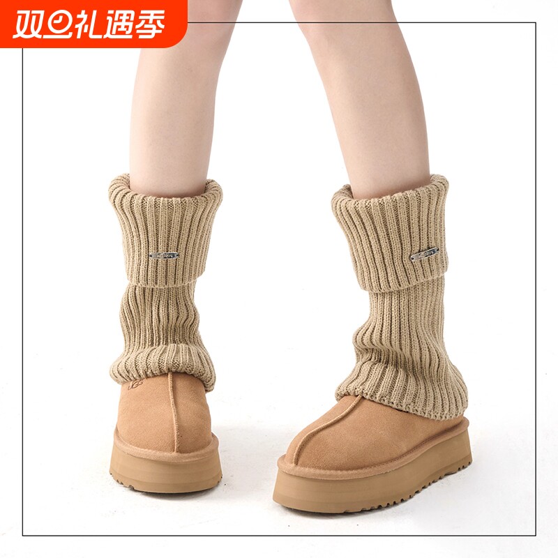 秋冬卡其色腿套女雪地靴袜套辣妹风y2k针织堆堆加厚保暖长筒袜子