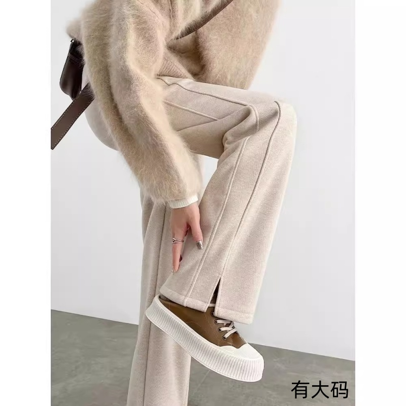 人字纹加绒阔腿裤女秋冬2025新款毛呢开叉裤子直筒窄版香蕉裤大码