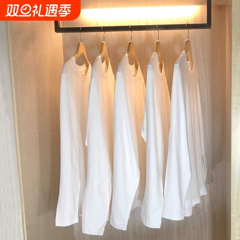 买一送一）210g重磅新疆棉纯棉长袖T恤宽松男女打底衫正肩内搭衣