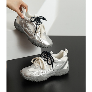 女 厚底运动休闲网面透气真皮德训鞋 6cm内增高小个子阿甘鞋 女夏季