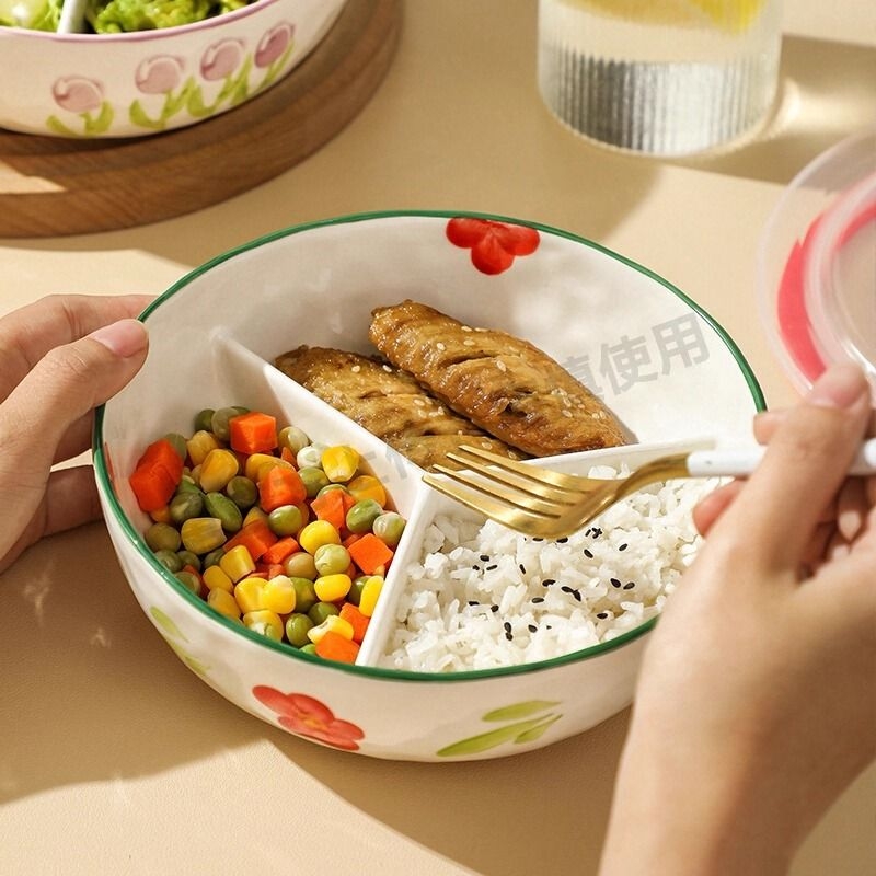 陶瓷食堂打饭一人食减肥餐定量个人专用分隔饭盒上班族分格碗餐盘