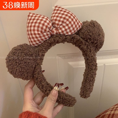 可爱蝴蝶结小熊耳朵发箍~洗脸束发带发卡红色卡通毛绒头箍发饰冬