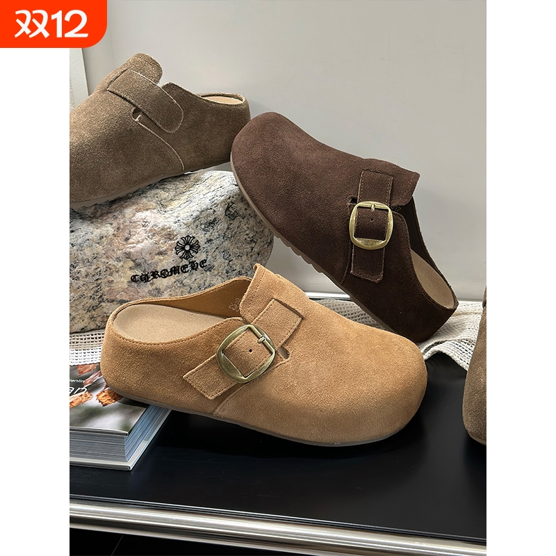 5CM增高包头磨砂牛皮勃肯拖鞋女2025新款百搭透气休闲包头半拖女