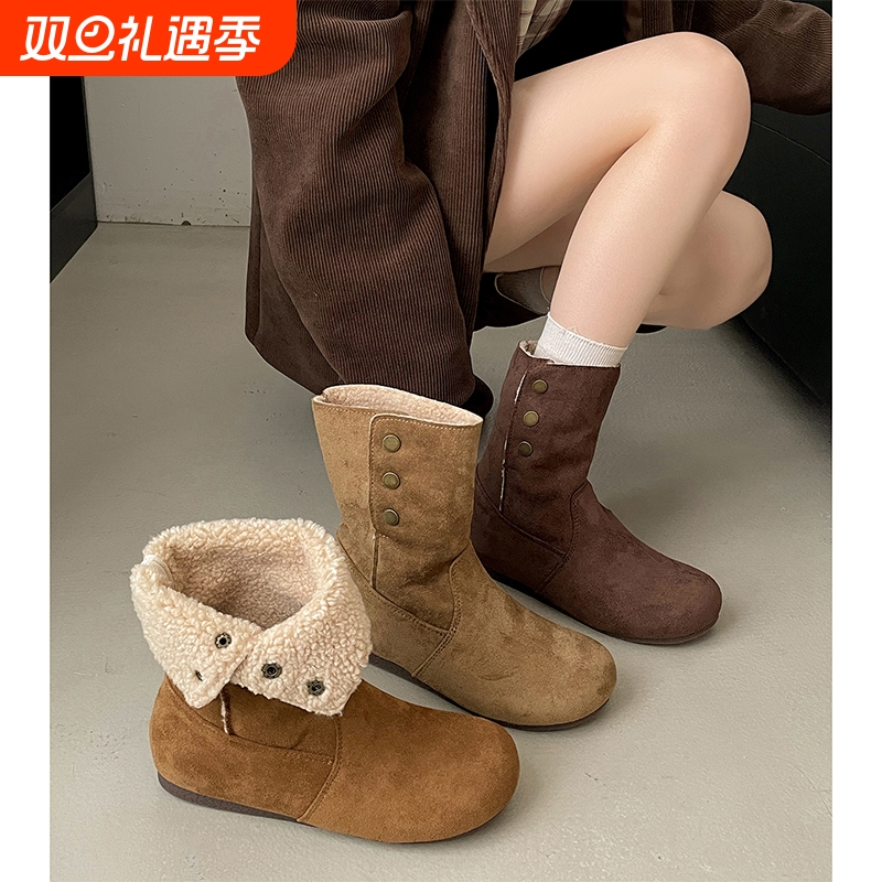 美加绒靴子女2025新款冬季保暖加厚勃肯短靴平底麂皮磨砂绒面短筒