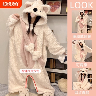 珊瑚绒睡衣女款2025新款秋冬季男士加厚可爱狗睡袍睡裙连体家居服