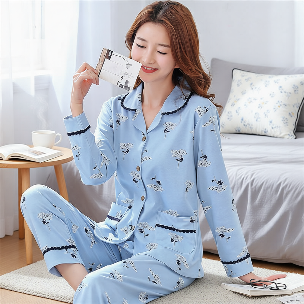 纯棉睡衣女春秋款大码开衫套装中年妈妈家居服可外穿居家休闲红色