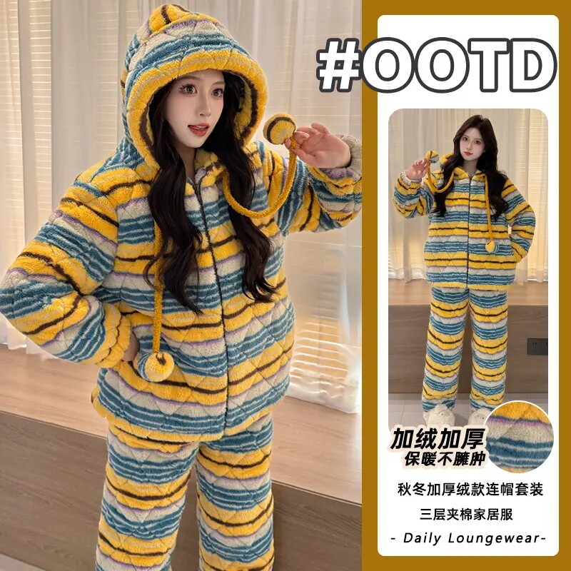 条纹珊瑚绒三层夹棉连帽睡衣女冬季加绒加厚女士家居服套装可外穿