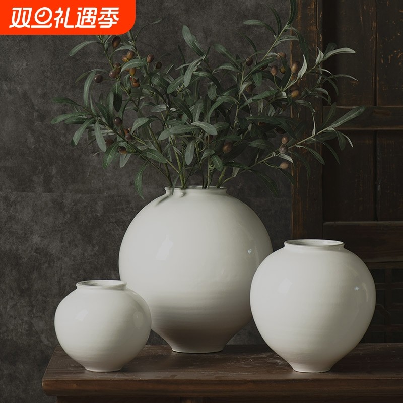 景德镇手工陶瓷创意复古花瓶白色陶艺摆件禅意插花干花民宿装饰品