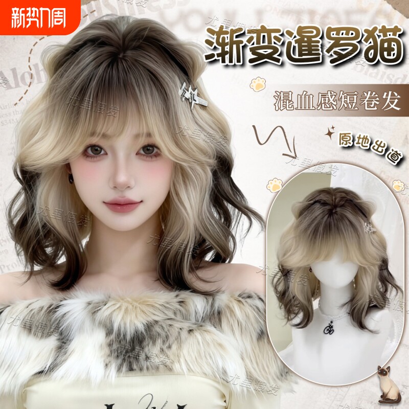 【渐变暹罗】假发女羊毛卷短发黑金渐变混血感短卷发仿真全头套