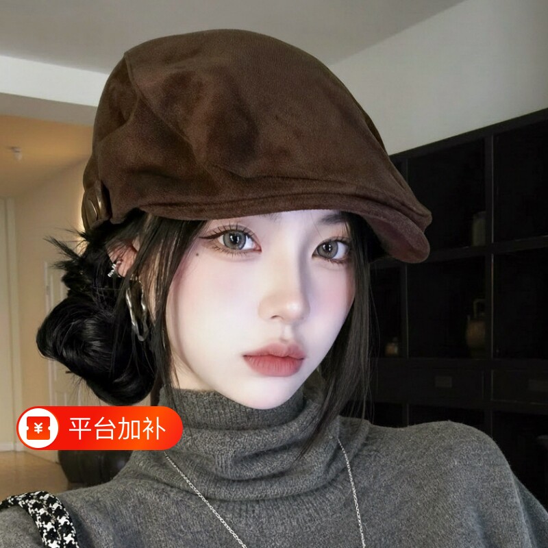 麂皮绒前进帽子女鸭舌帽子大头围文艺复古贝雷帽显脸小适合方圆脸