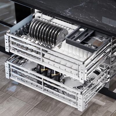 拉篮厨房橱柜304不锈钢双层抽屉式碗架碗碟篮碗柜厨柜碗篮收纳