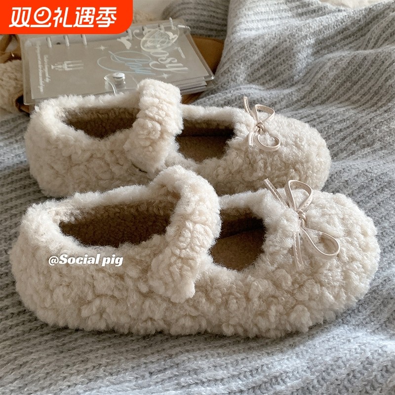 甜美感十足~奶白色加绒玛丽珍毛毛鞋女冬羊羔毛平底保暖豆豆棉鞋