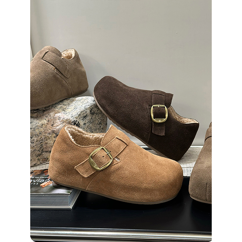 5CM磨砂皮加绒勃肯鞋女2025新款透气休闲鞋一脚蹬毛毛棉鞋女平底