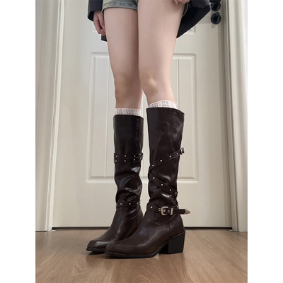 ~软皮粗跟铆钉长筒靴女辣妹骑士靴高筒靴牛仔靴高跟尖头黑色棕色