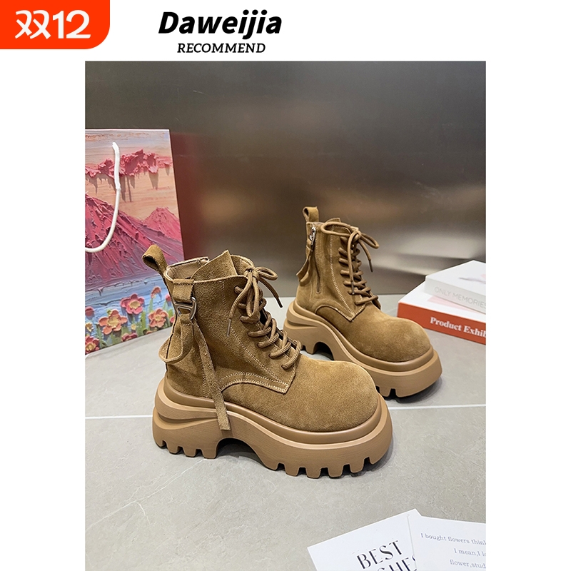 欧洲站2025春季新款英伦风磨砂皮系带马丁靴女厚底短筒靴子大头