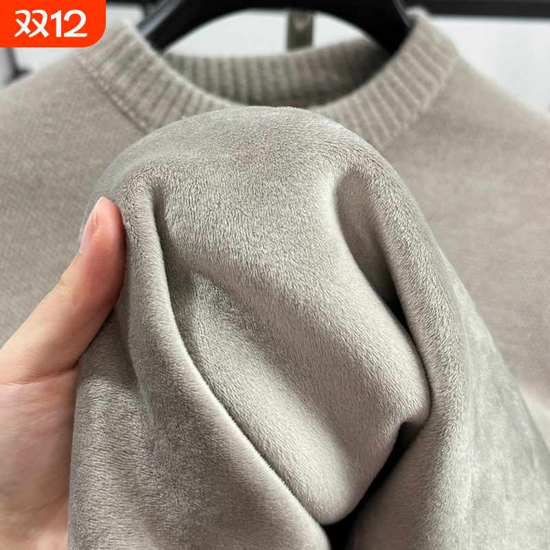 高档一体绒圆领毛衣男冬季加绒加厚保暖上衣雪尼尔套头打底衫外穿
