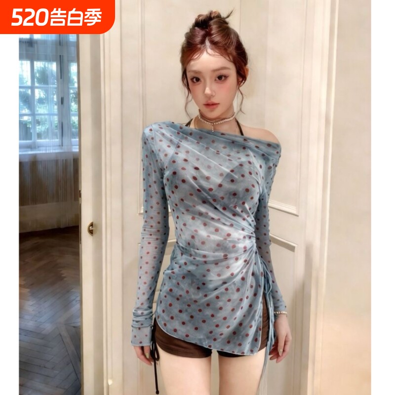 性感露肩分体泳衣女三件套晕染雾蓝复古波点挂脖比基尼泡温泉泳装