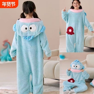 秋冬季加厚珊瑚绒丑鱼儿童可爱搞怪连体睡衣男女童卡通亲子家居服