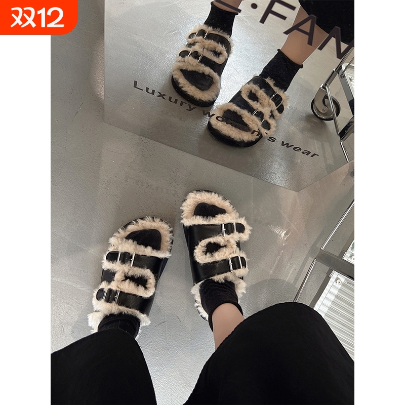 设计感羊羔毛毛拖鞋女外穿2025年新款春季复古加绒博肯防滑棉拖鞋