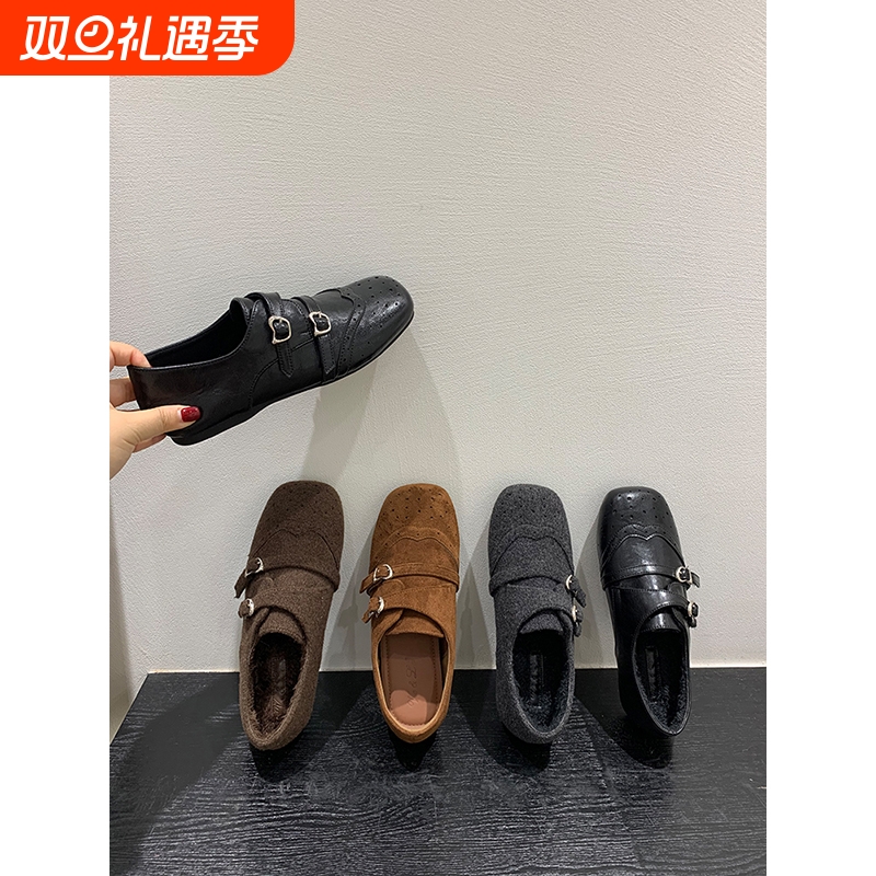 内增高！复古雕花方头乐福鞋女鞋子秋冬新款英伦风单鞋黑色小皮鞋