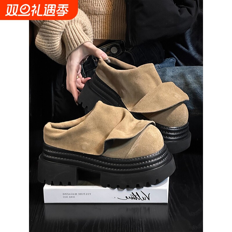 鞋子女2025新款爆款松糕厚底半拖鞋女复古百搭小个子增高勃肯拖鞋