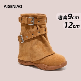 牛仔靴女超火2025秋冬新款厚底内增高12cm裤筒靴西部靴高跟圆头