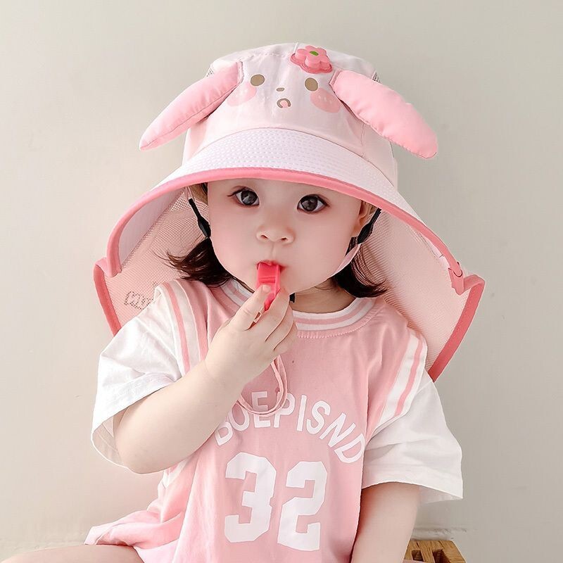 儿童防晒帽女童夏季大帽檐渔夫帽披肩宝宝遮阳帽可爱兔耳朵太阳帽图片