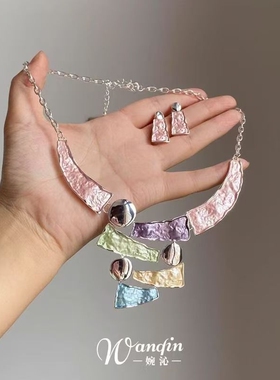 「小清新」彩色油画风几何线条项链多巴胺莫奈花园夸张滴油锁骨链