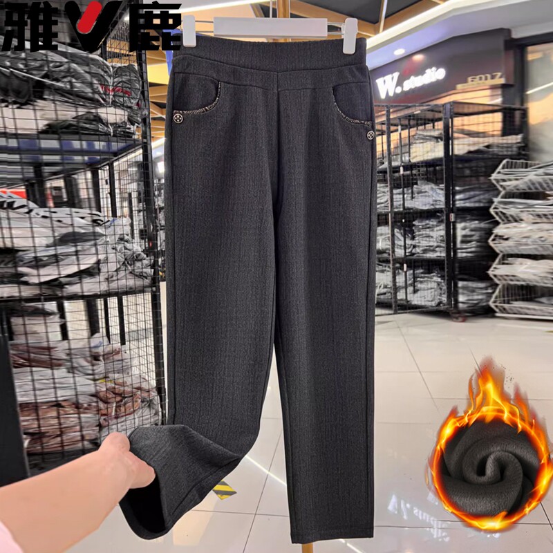 雅鹿妈妈裤子冬款直筒加绒中老年长裤奶奶裤春秋中人女裤小个子