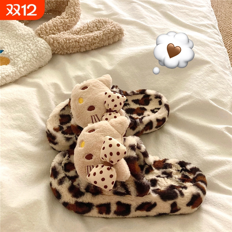古着豹纹KT~！可爱小众ins外穿一字毛毛拖鞋女冬季厚底防滑棉拖鞋