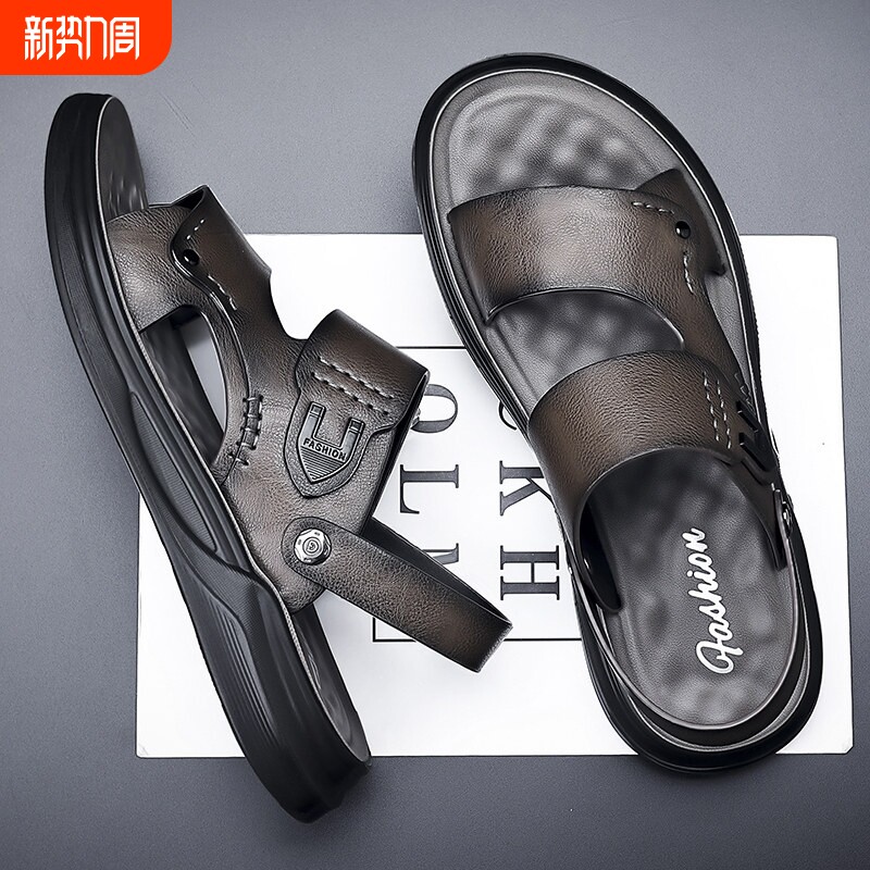 意尔康凉鞋男2026新款潮夏季防滑防臭沙滩鞋开车休闲凉拖黑色牛皮