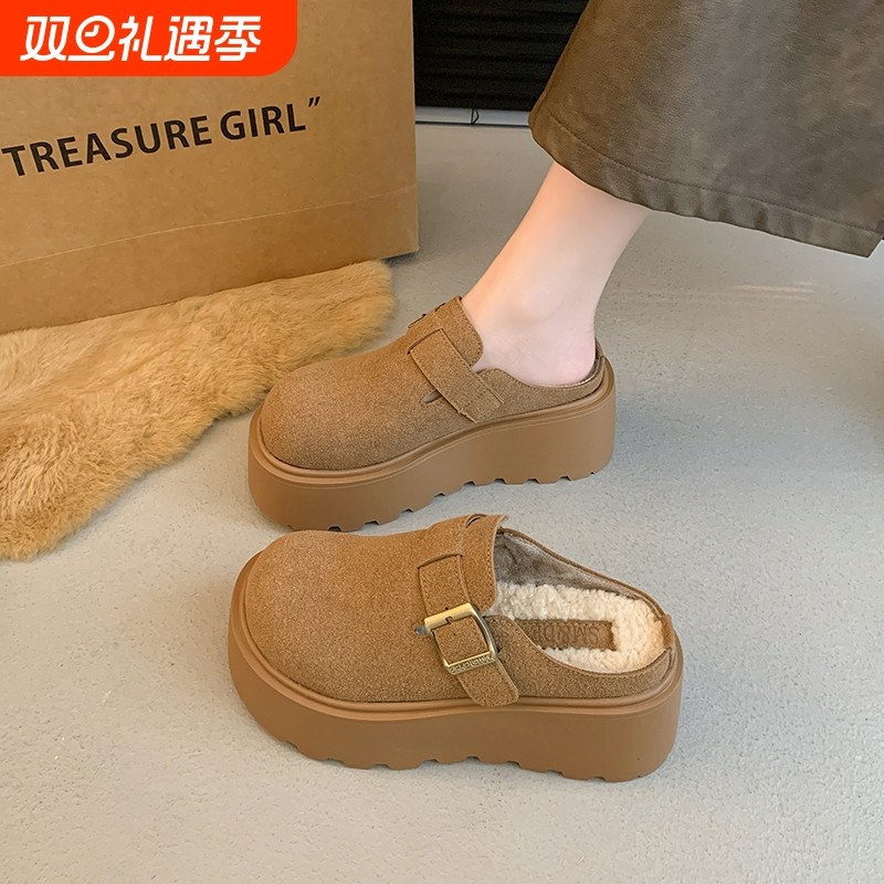 超火法式松糕加绒包头半拖鞋女2025新款秋冬小个子休闲懒人棉拖鞋