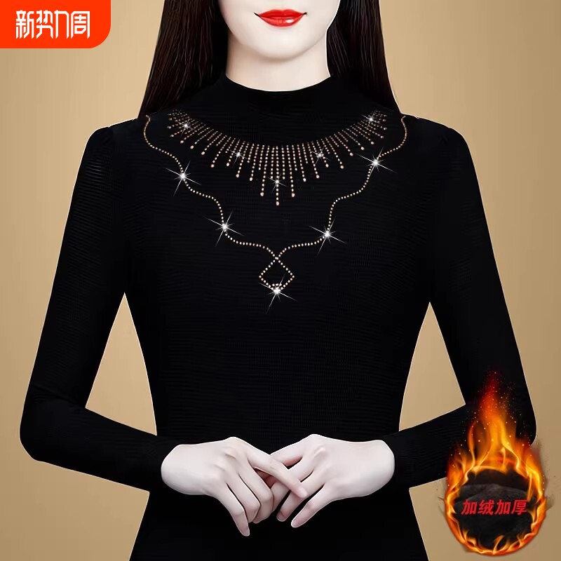 上衣女秋冬装半高领德绒洋气加厚中年妈妈打底衫内搭加绒红色黑色