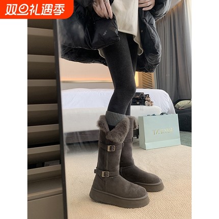 雪地靴葡萄妈studiolee厚底毛毛加绒加厚保暖棉鞋女冬季款灰色