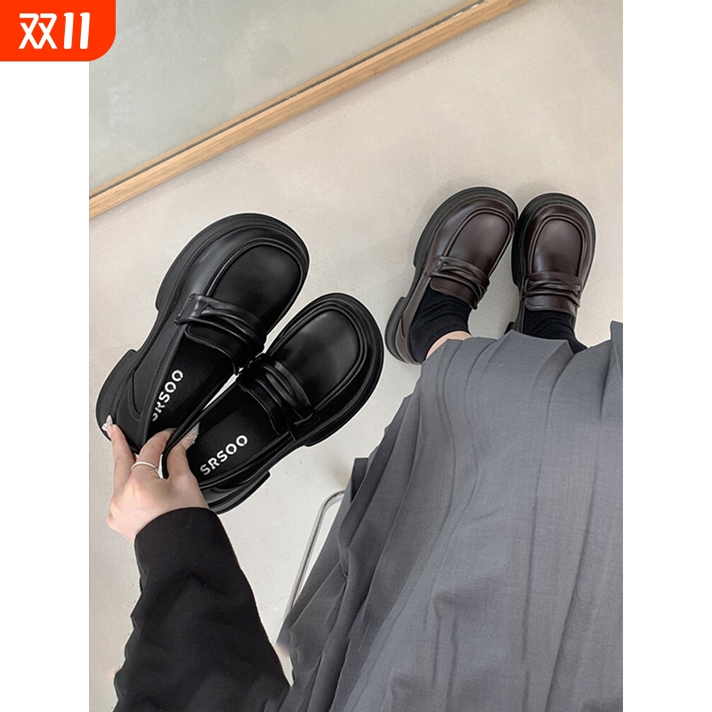 百搭复古黑色厚底小皮鞋女2025新款夏季法式粗跟英伦风乐福鞋棕色