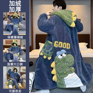 男士珊瑚绒睡衣女款2026冬季加绒加厚睡袍连体可外穿家居服居家