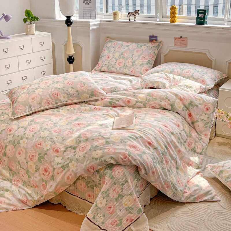 A类花边100%纯棉四件套新款碎花全棉加厚夹棉床盖被套三件套被罩